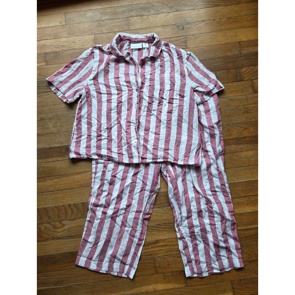 Cynthia Rowley 100% cotton pink white striped pajama loungewear set crop capri